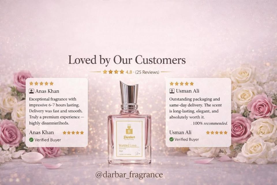 Perfume bottle with customer reviews and ratings on a decorative background with flowers.