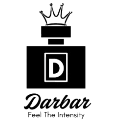 Black and white logo of a perfume bottle with a crown and the brand name 'Darbar' on a white background.